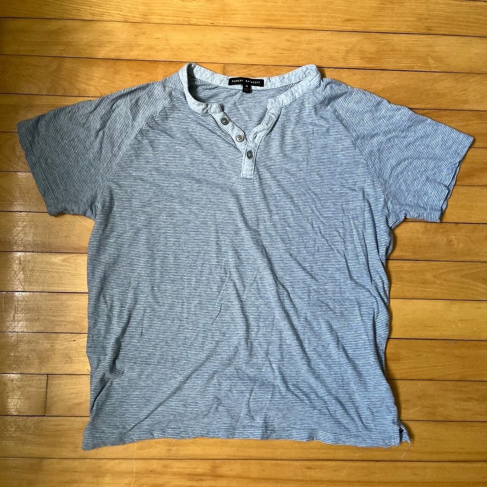 Robert Barakett Cecil SS Raglan Y Neck Henley Shirt Blue White Stripe Mens M